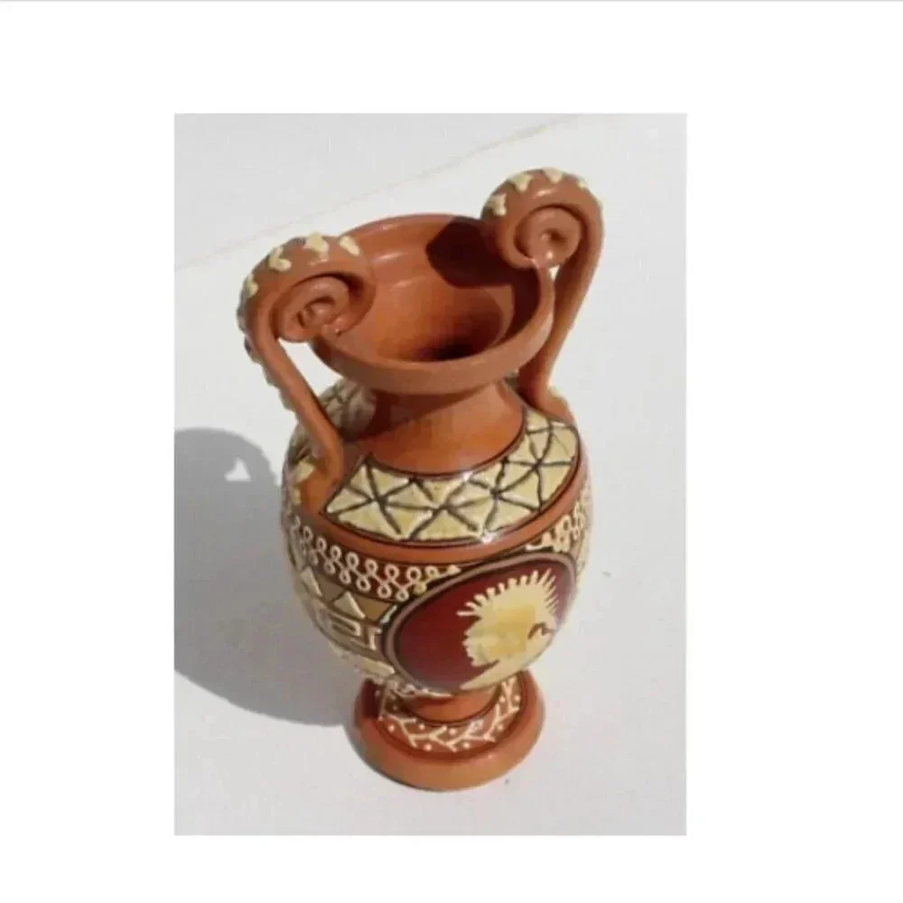 Vtg Terracotta Neoclassical Urn Vase Greek Aztec Empire Trojan Clay POTTERY